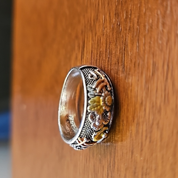 Sterling Silver, copper, and 18k gold mixed metal floral design ring Sz 5 - Picture 3 of 5